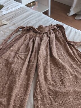 Free People Textured Wide-Leg Pants in Brown Tan Smocked Waist Boho Gauze Crop